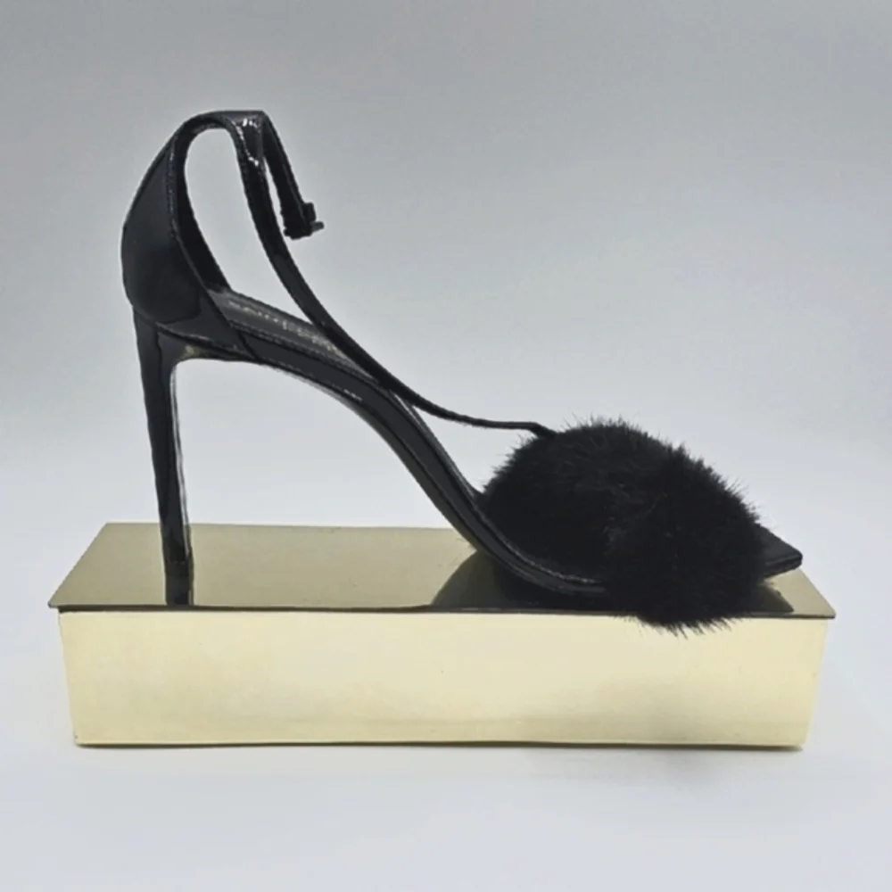 Saint Laurent Black Fur Strap Heels 37 1/2 - Picture 3 of 16